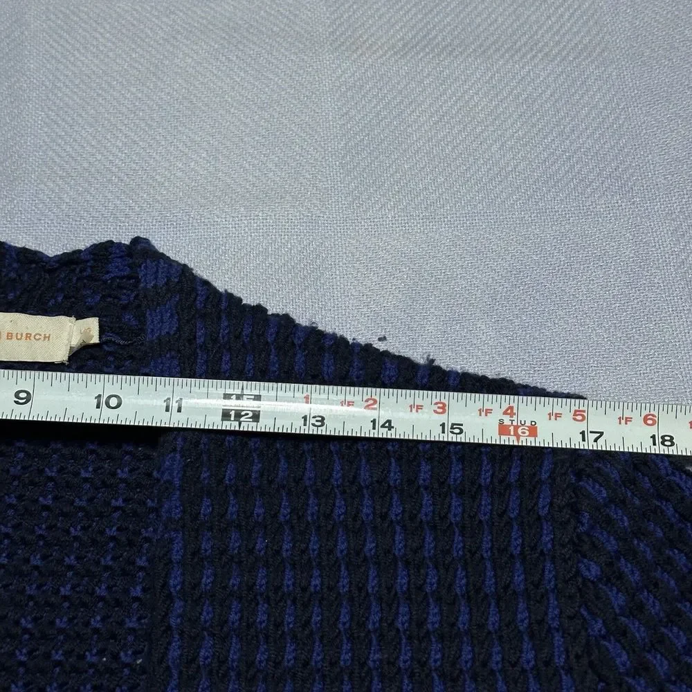 Tory Burch Black Blue Merino Wool Waffle Knit Cardigan‎ Sweater Women's Sz Large